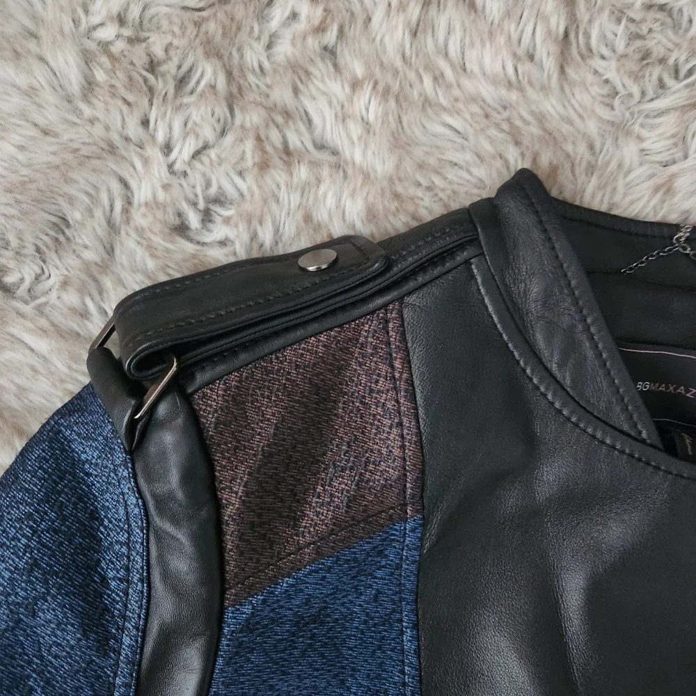 BCBGMaxAzria Lamb Leather Ross‎ Moto Jacket Black & Blue Women's Size Small